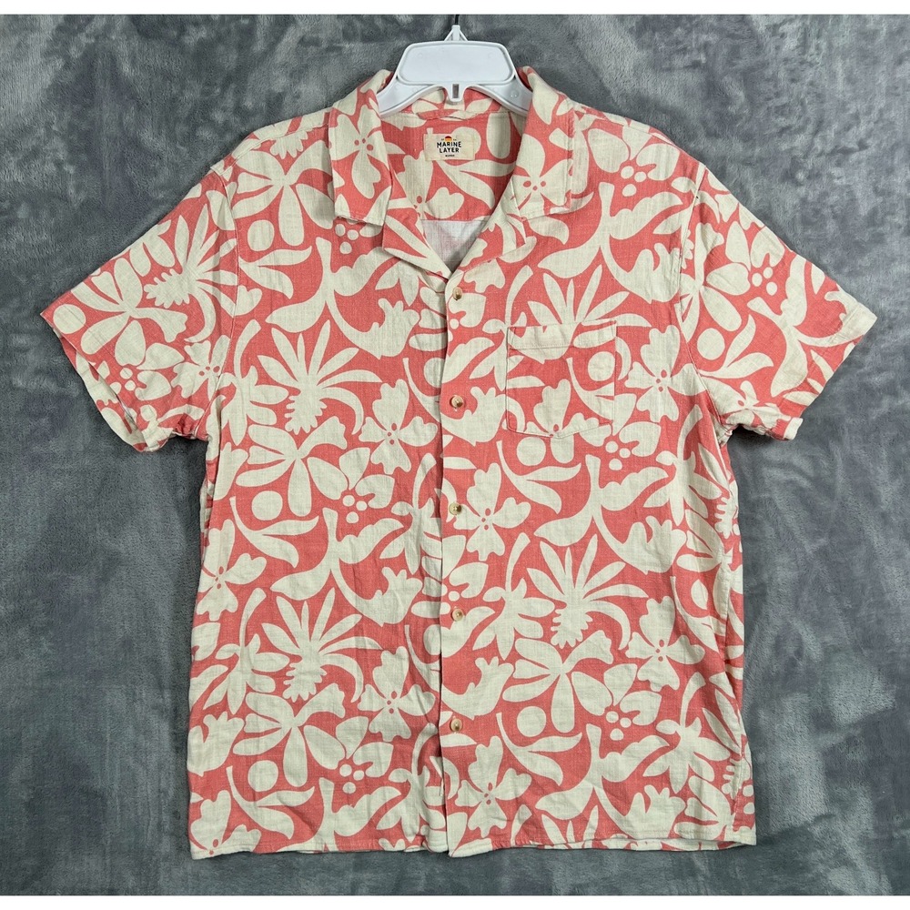 Marine Layer Stretch Selvedge Resort Shirt Mens Marge Floral Pink Short Sleeve